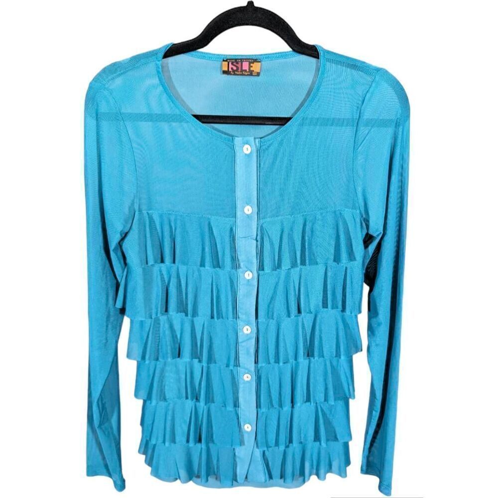 NWOT ISLE Apparel Made in Turkey Blue Ruffled Sweater Size Xs